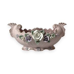 Vintage Pink Capodimonte Style‎ Floral Porcelain Bowl Trinket Dish Vanity Decor